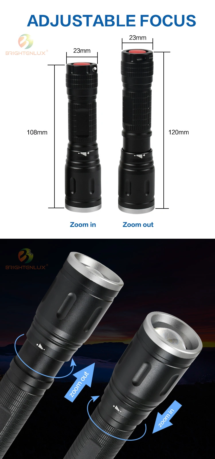 Brightenlux 2022 Logo Printing Super Bright Zoomable Mini LED Tactical Flashlights with 3 Modes Lights