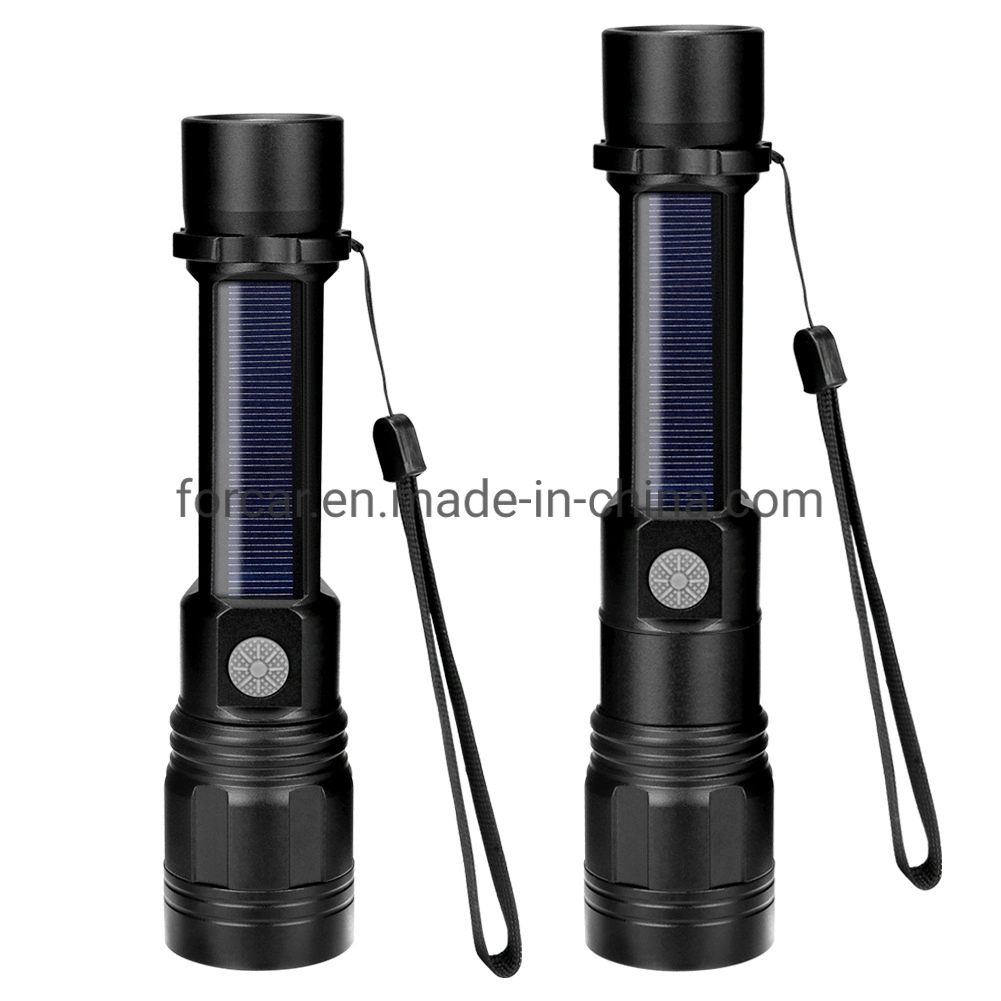 Zoomable LED Emergency Torch Lighting Powerful Portable Camping Tactical Solar LED Flash Lamp with Compass Outdoor Survival Solar LED Flashlight
