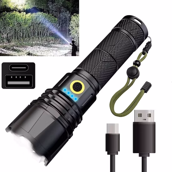 1300lm Super Bright Osram P9 LED Powerful LED Torch Flash Light, USB Rechargeable Waterproof Portable Security Tactical Flashlight